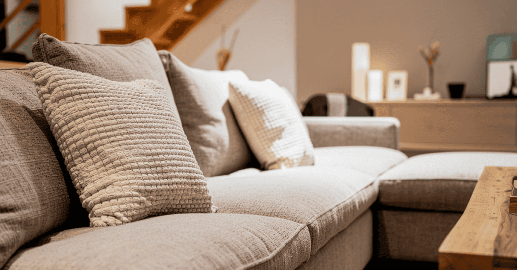 Close-up of sofa cushion foam and textured couch fabric
