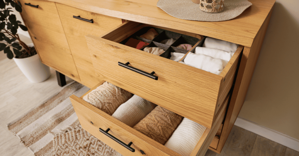 Wooden dresser with open drawers showing folded clothes and natural storage.