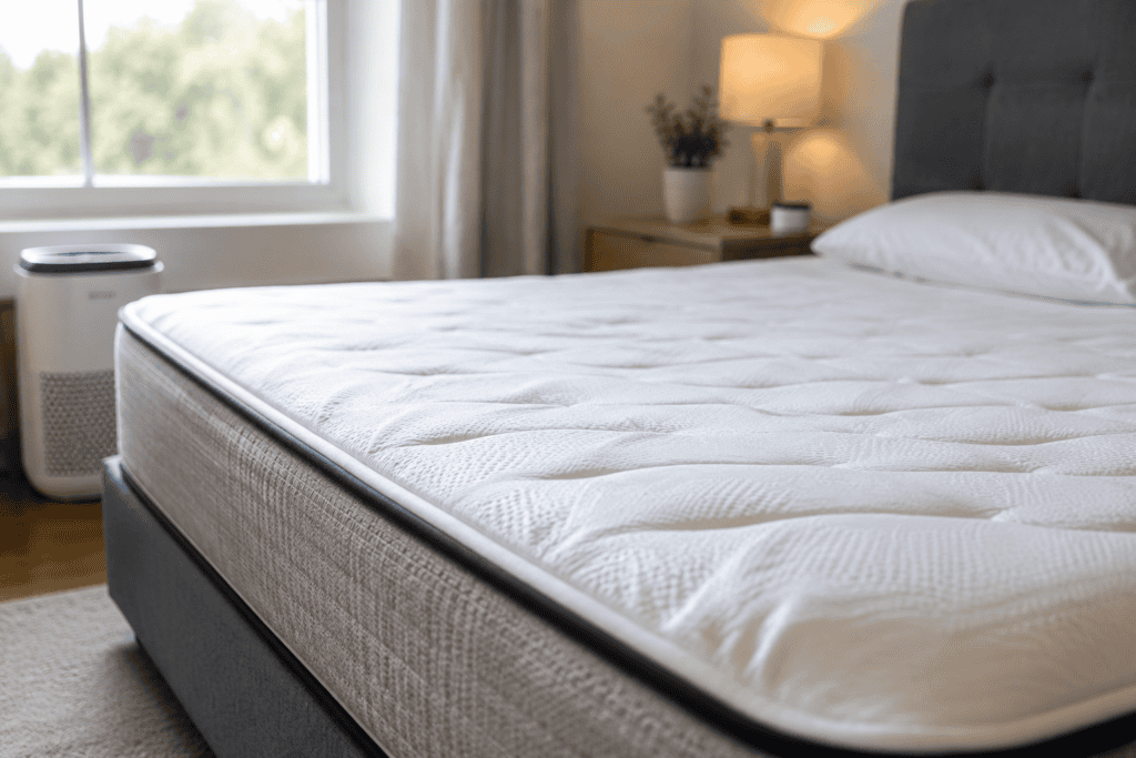 New mattress in a bright bedroom near an open window and air purifier, showing a clean setup for airing out mattress off-gassing.