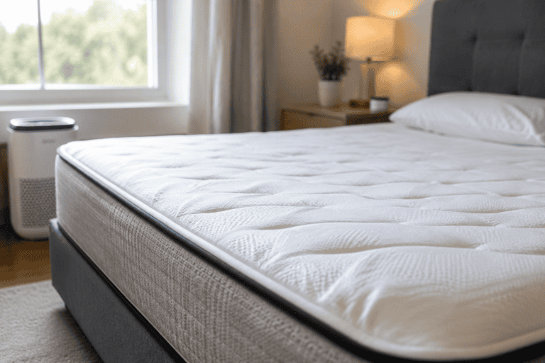 New mattress in a bright bedroom near an open window and air purifier, showing a clean setup for airing out mattress off-gassing.