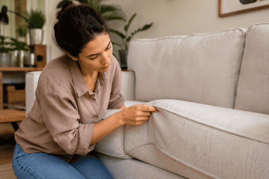 A woman carefully checks the fabric and cushion seam of a beige sofa in a cozy, naturally lit living room with plants and wood accents.