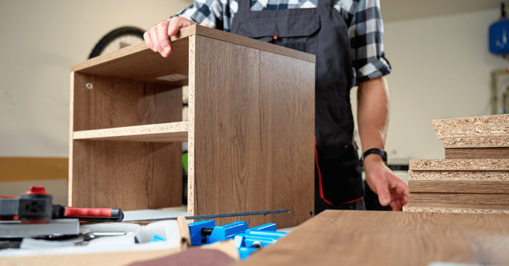 Close-up of MDF, particleboard, and plywood panels used in furniture making
