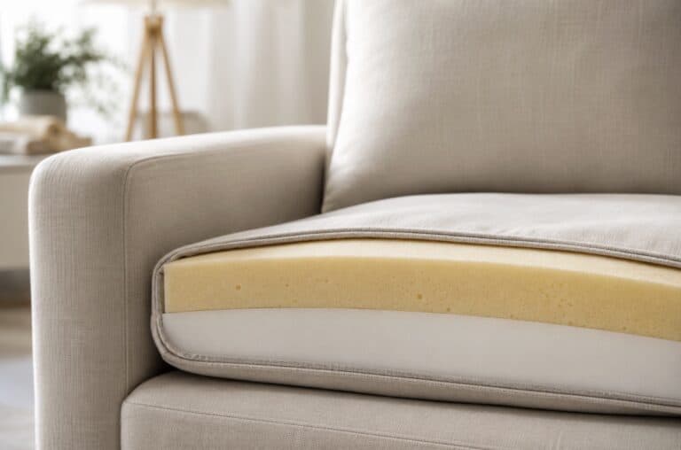 Close-up of a sofa cushion with exposed foam layers inside a neutral-colored couch, highlighted by soft natural light. The cushion is in sharp focus while the modern living room background is gently blurred, illustrating the materials used in couch construction and foam-filled furniture.