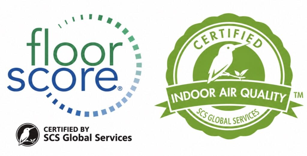 FloorScore and SCS Indoor Air Quality certification logos displayed side by side on a white background. The FloorScore logo features a blue and green circular design with SCS Global Services certification, while the Indoor Air Quality logo features a green certification seal indicating low-emission products and improved indoor air quality standards.