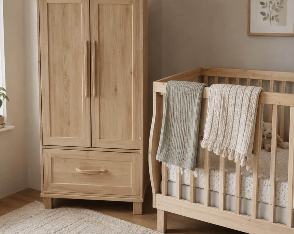 Natural wood crib and matching wooden wardrobe in a neutral-toned nursery. Soft knitted blankets hang over the crib rail, while warm natural light, a plush rug, and minimalist decor create a cozy and calming space for a baby.