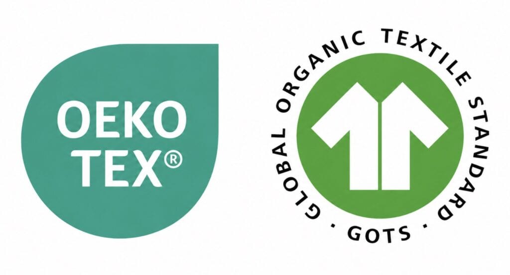 OEKO-TEX and Global Organic Textile Standard (GOTS) certification logos displayed side by side on a white background. The image highlights two common textile certifications used to verify product safety, restricted chemical content, and organic textile standards.