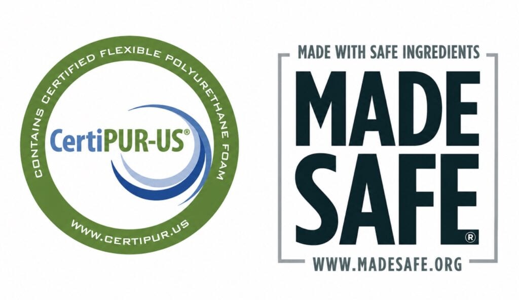 CertiPUR-US and MADE SAFE certification logos displayed side by side on a white background. The image features two product safety certifications commonly used for furniture, mattresses, and foam products, highlighting standards related to chemical content, emissions, and safer materials.