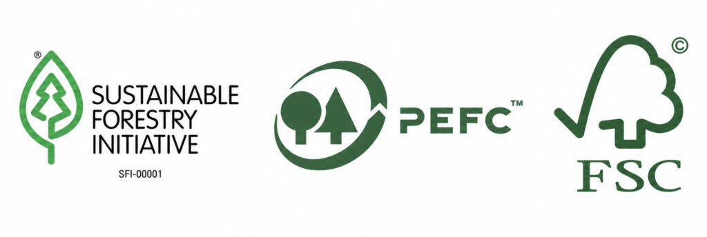 Sustainable Forestry Initiative (SFI), Programme for the Endorsement of Forest Certification (PEFC), and Forest Stewardship Council (FSC) certification logos displayed side by side on a white background. The image highlights three forestry and wood sourcing certifications commonly used to verify responsibly managed forests and sustainable wood products.