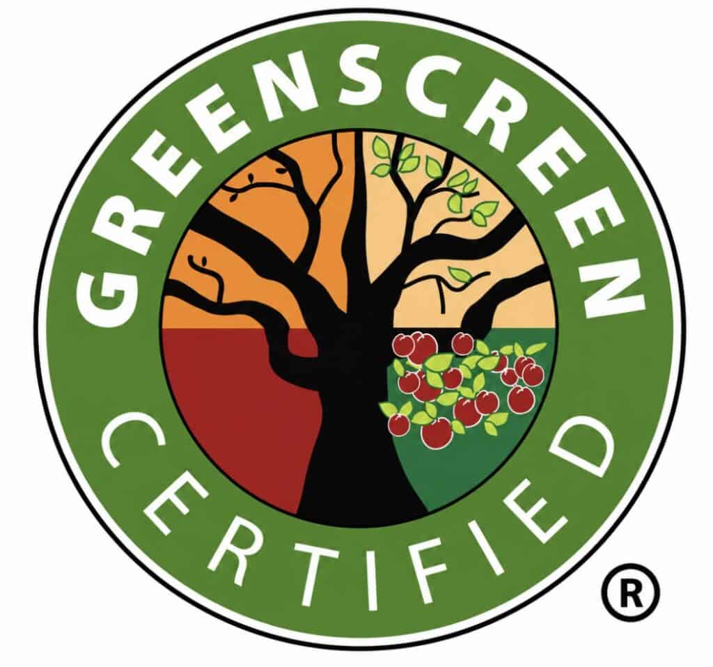 GreenScreen Certified logo displayed on a white background. The circular certification seal features a stylized tree with leaves and fruit at the center, surrounded by a green ring with the words “GreenScreen Certified,” representing a certification focused on safer chemical ingredients and material transparency.