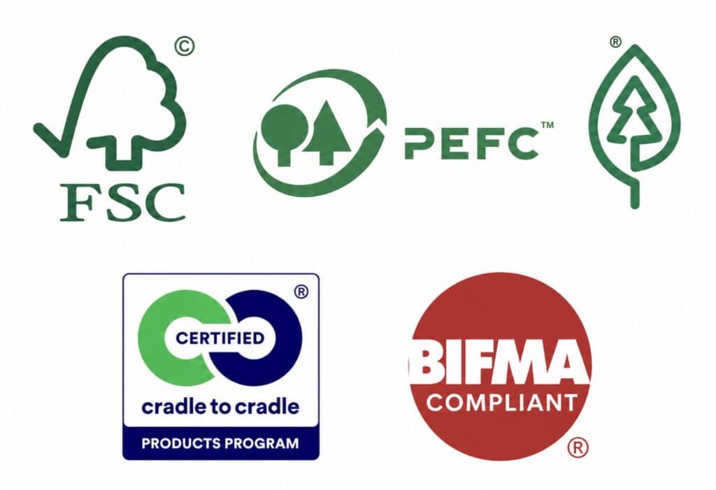 Collection of five sustainability and furniture certification logos displayed on a white background, including FSC, PEFC, Sustainable Forestry Initiative (SFI), Cradle to Cradle Certified, and BIFMA Compliant. The logos are arranged in a clean grid layout and represent certifications related to responsible forestry, sustainable materials, environmental performance, and furniture standards.