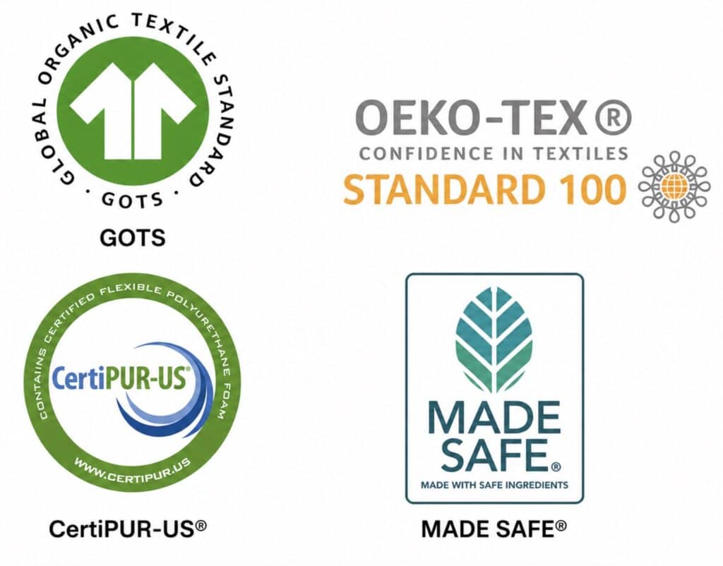 Collection of four product certification logos displayed on a white background, including GOTS (Global Organic Textile Standard), OEKO-TEX Standard 100, CertiPUR-US, and MADE SAFE. The logos are arranged in a clean grid layout and represent certifications related to organic textiles, tested textile safety, foam standards, and safer product ingredients.
