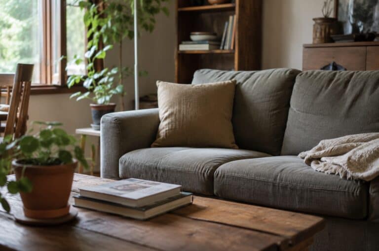 Cozy, lived-in living room featuring a gray upholstered sofa, wooden coffee table, potted houseplants, and warm natural light streaming through a nearby window. Books, textured pillows, and soft furnishings create a comfortable, inviting atmosphere, while the softly blurred background adds depth and a realistic home setting.