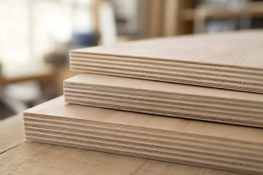 Close-up of stacked plywood sheets showing layered wood veneers on a workbench, with a softly blurred workshop background and natural lighting.
