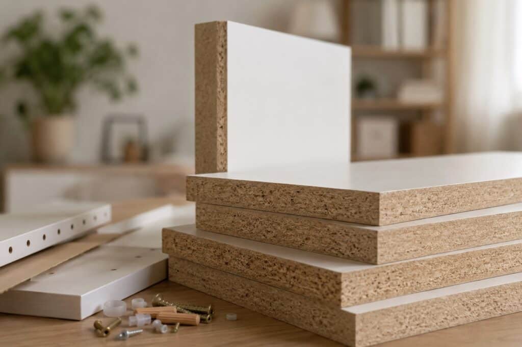 Close-up of MDF furniture panels and assembly hardware on a table, showing exposed engineered wood edges and white laminated surfaces in a bright, well-ventilated home interior.