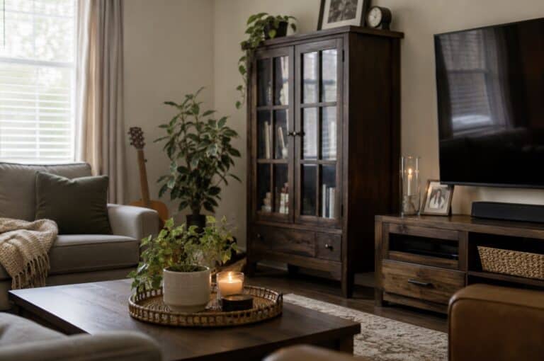 Living room with wood furniture, cabinets, and shelving, illustrating common household furniture materials that may contain formaldehyde-based adhesives and engineered wood products.