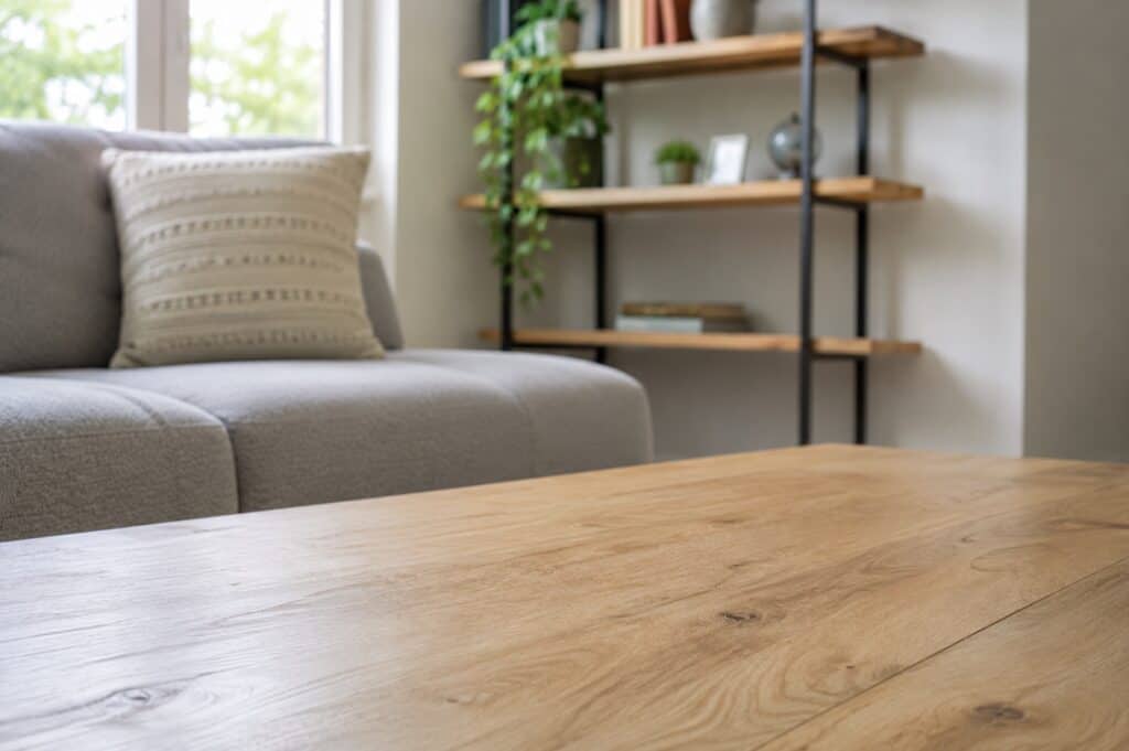Close-up of a natural wood coffee table in a bright living room with a gray sofa, indoor plants, and softly blurred shelving in the background. Natural daylight highlights the wood grain and creates a warm, inviting atmosphere.