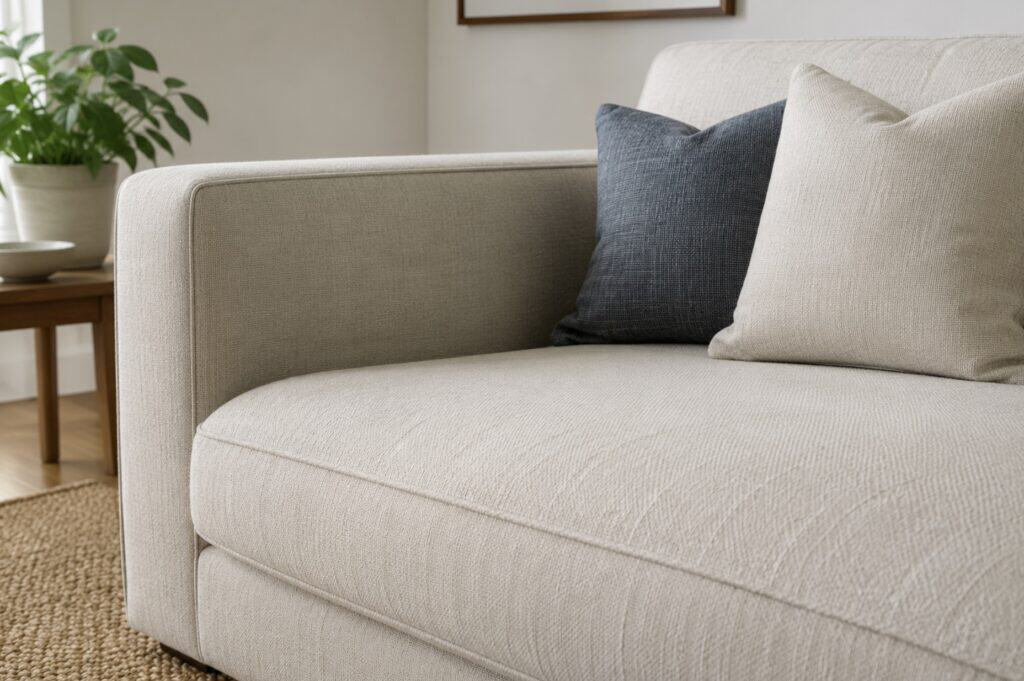 Close-up of a light-colored upholstered couch in a modern living room with decorative pillows, natural light, and neutral home décor.