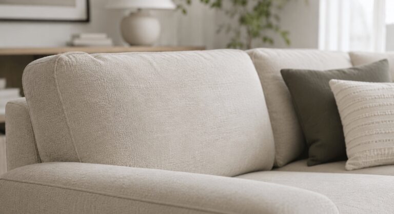 Light-colored upholstered couch in a modern living room with neutral décor and soft natural lighting.