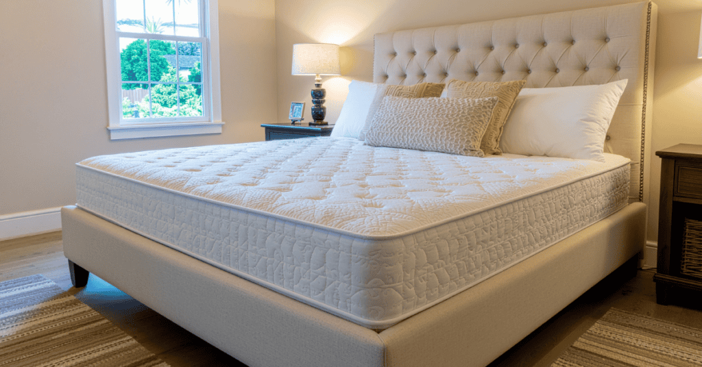 White mattress in a clean bedroom with natural light coming through the window.