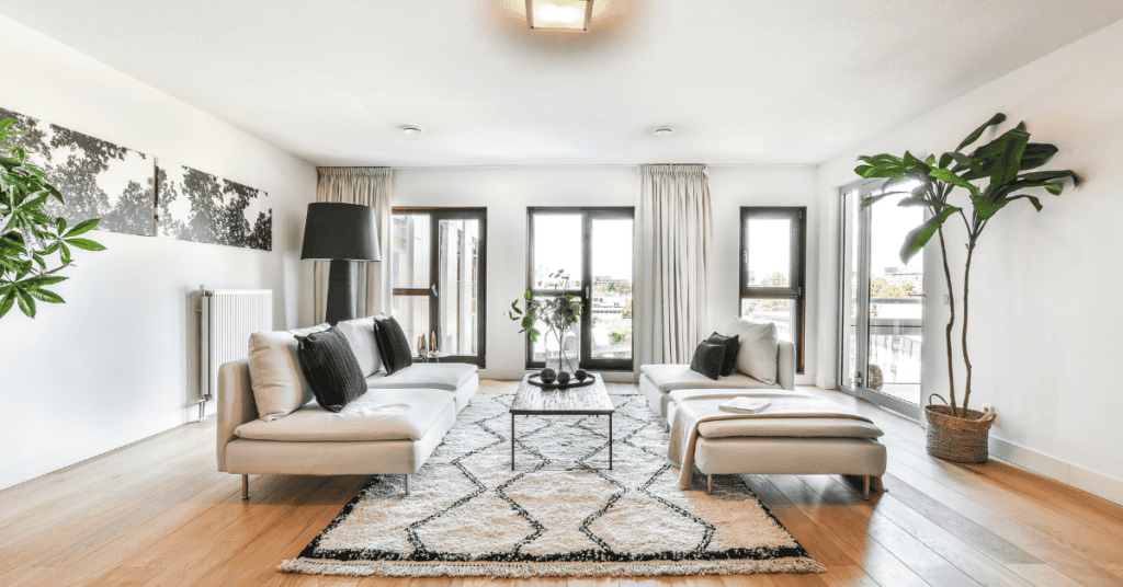 Bright living room with sofas and open windows for better ventilation
