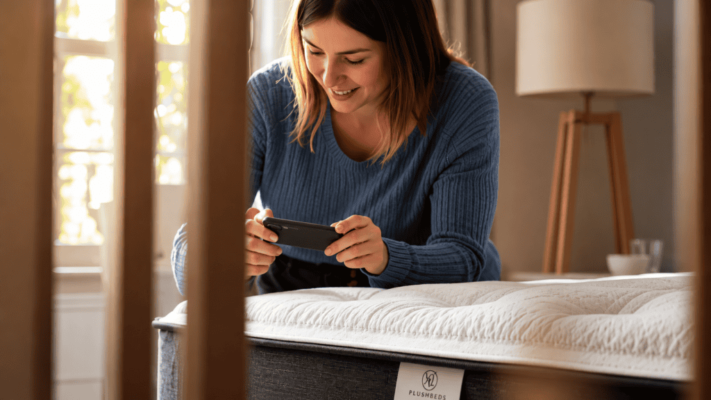 Shopper checking details on a mattress with a phone in a warmly lit bedroom.