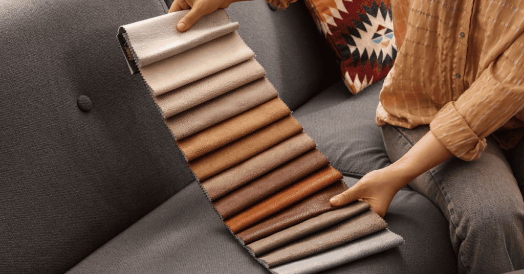Person comparing neutral upholstery fabric swatches on a gray couch
