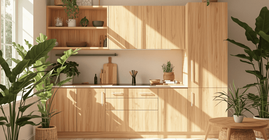 Finished wood kitchen cabinets in a bright room with indoor plants.
