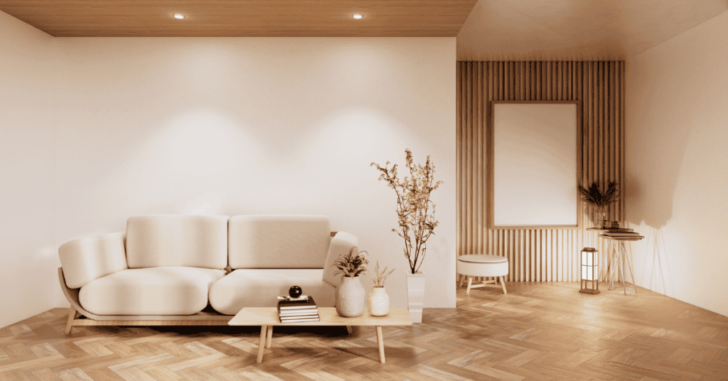 Bright living room with wood furniture and natural light