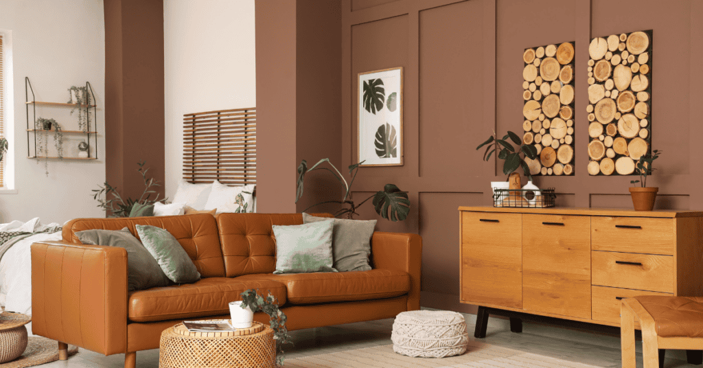 Living room with leather sofa, wooden cabinet, and natural home materials