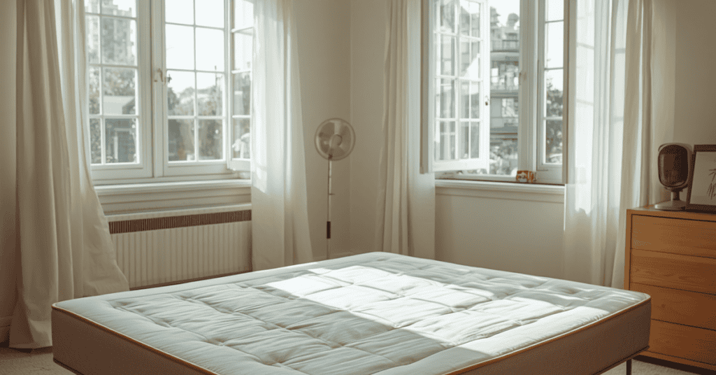 Bare mattress airing out in a bright bedroom with open windows and a fan nearby.