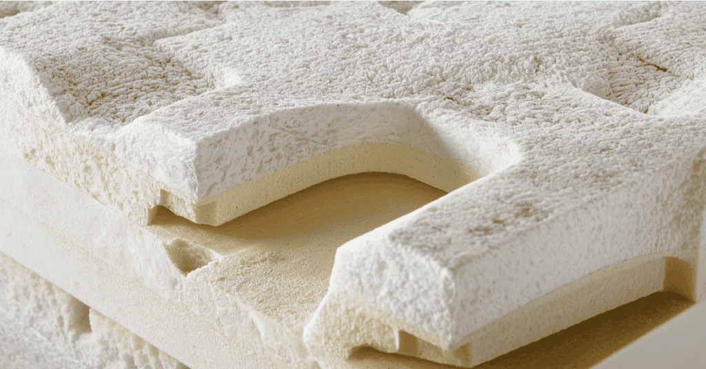 Close-up of layered mattress foam showing the inner construction and quilted top.