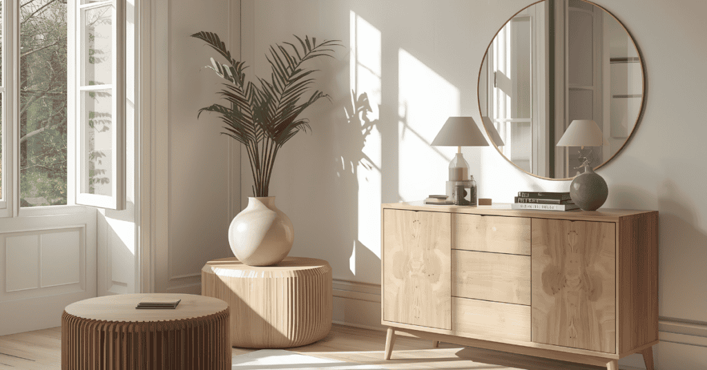 Wood furniture in a bright room with an open window