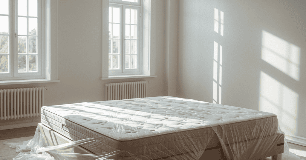 Newly unwrapped mattress on a bed frame in a sunny room with plastic packaging nearby.