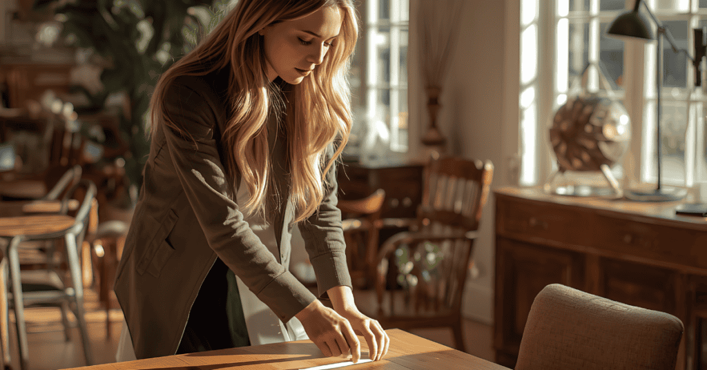 Woman checking a wooden furniture piece in a home interior setting.