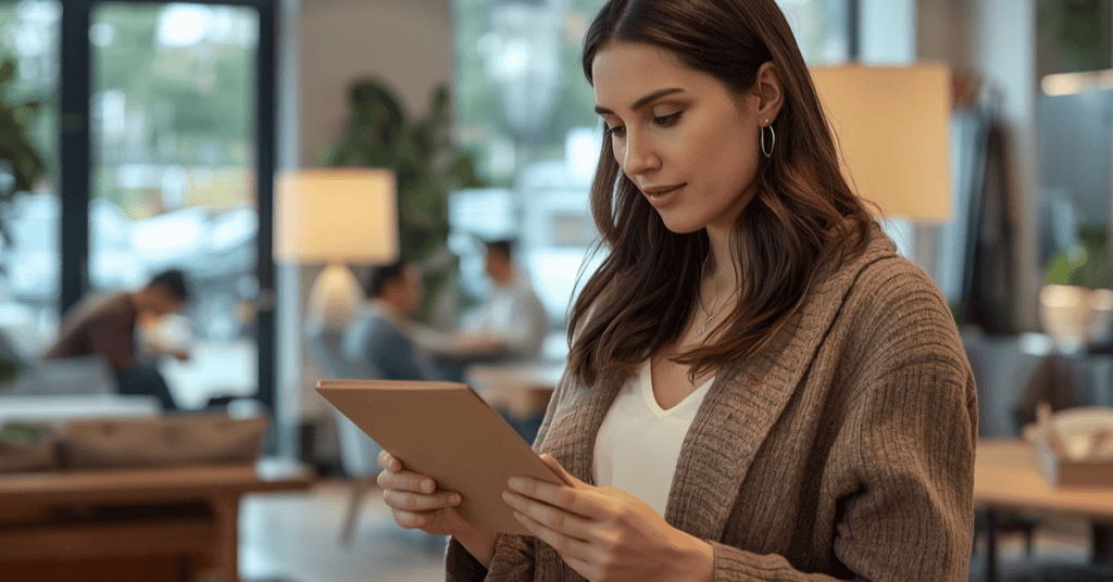 Shopper reading a furniture label before buying a new home item