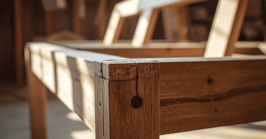 Close-up of a wooden sofa frame with visible joints in warm natural light.