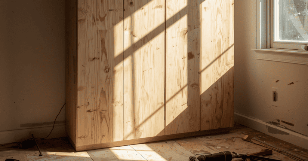 Unfinished plywood cabinet installed in a room during home renovation.
