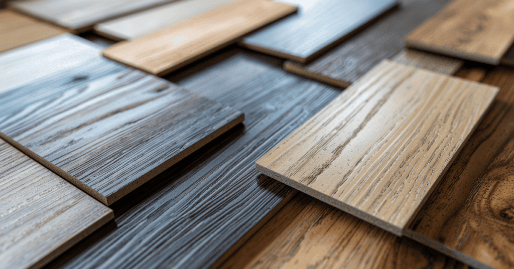 Close-up of wood material samples arranged on a table.