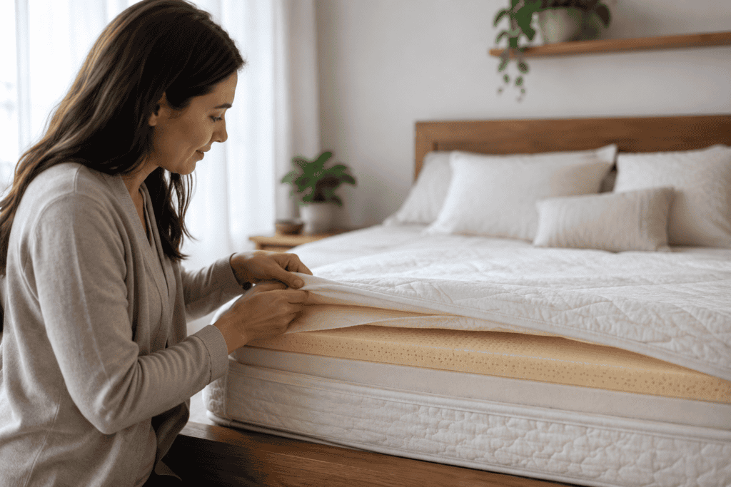 Woman inspecting the edge of a layered mattress in a bright, natural bedroom with neutral bedding and soft indoor light.