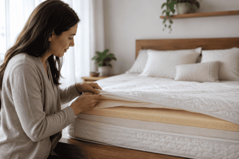 Woman inspecting the edge of a layered mattress in a bright, natural bedroom with neutral bedding and soft indoor light.