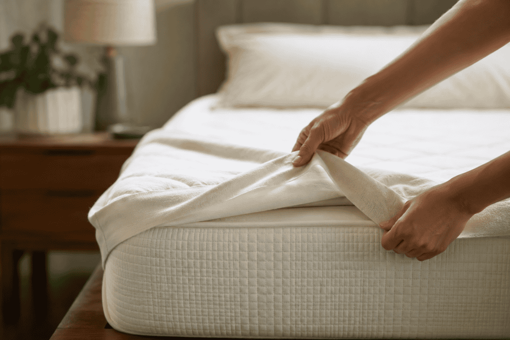 Hands fitting a cream-colored mattress cover over a bed in a softly lit bedroom.