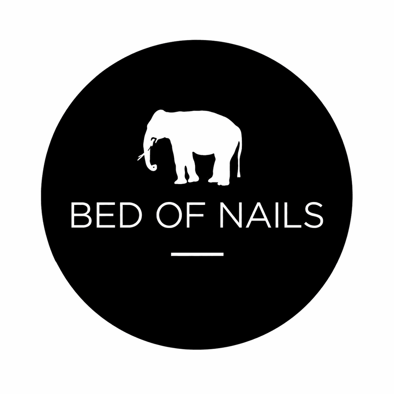 Bed of Nails logo featuring a white elephant silhouette inside a black circle.
