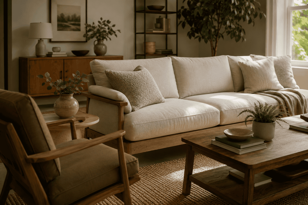 Warm, naturally lit living room with a beige upholstered sofa, wooden furniture, neutral textiles, and leafy houseplants.