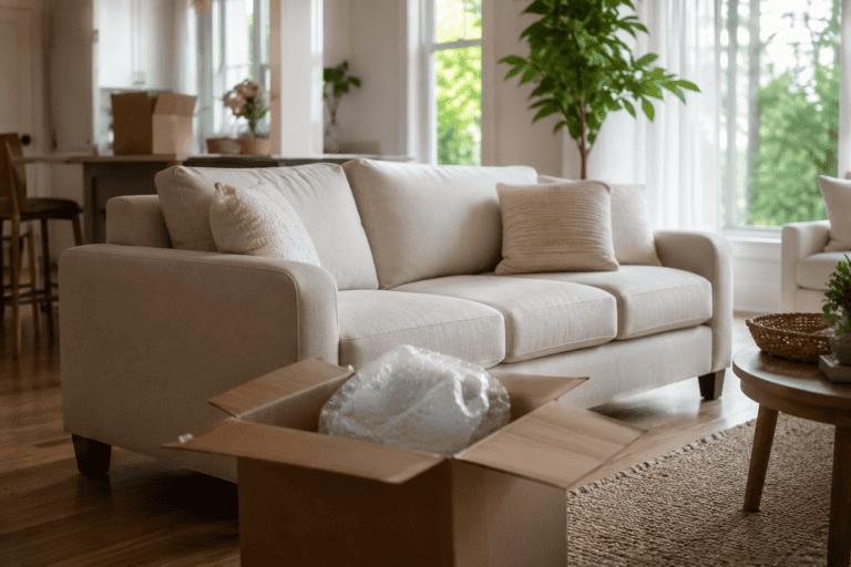 Newly unpacked beige sofa beside open moving boxes in a bright, naturally ventilated living room.