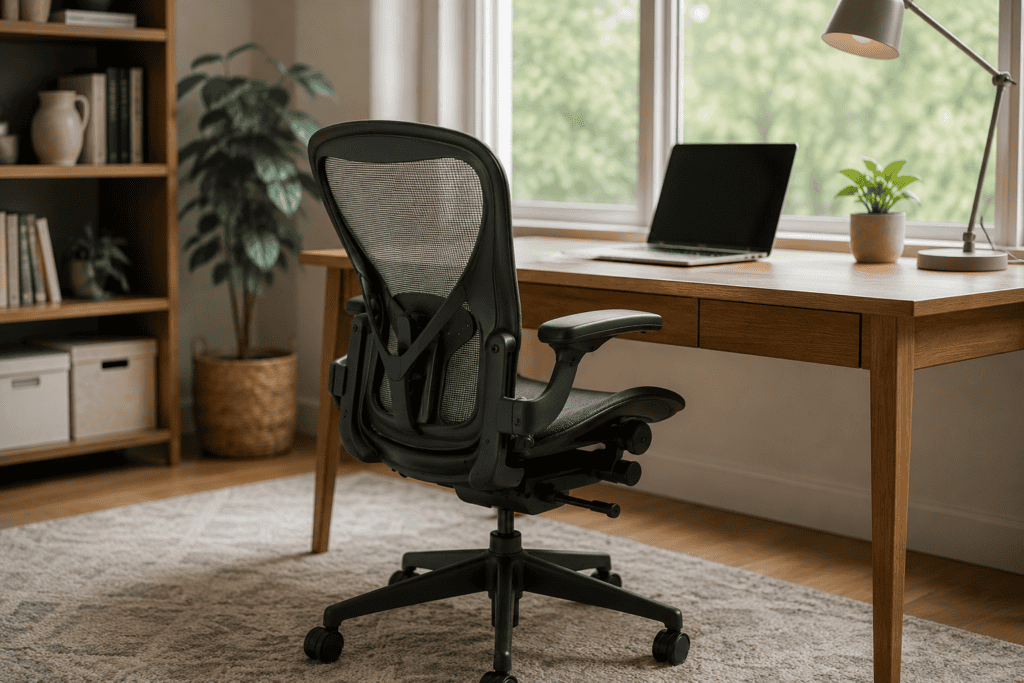 Modern ergonomic mesh office chair at a wooden desk in a bright home office with natural light, indoor plants, and a clean, minimalist workspace.