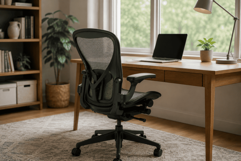 Modern ergonomic mesh office chair at a wooden desk in a bright home office with natural light, indoor plants, and a clean, minimalist workspace