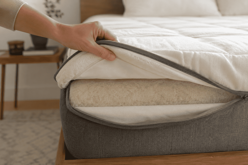 Hand lifting a mattress cover to show inner layers and fire barrier materials in a bedroom.
