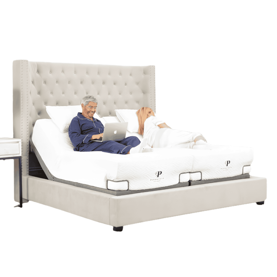 Adjustable split mattress with an older couple reclining in bed.