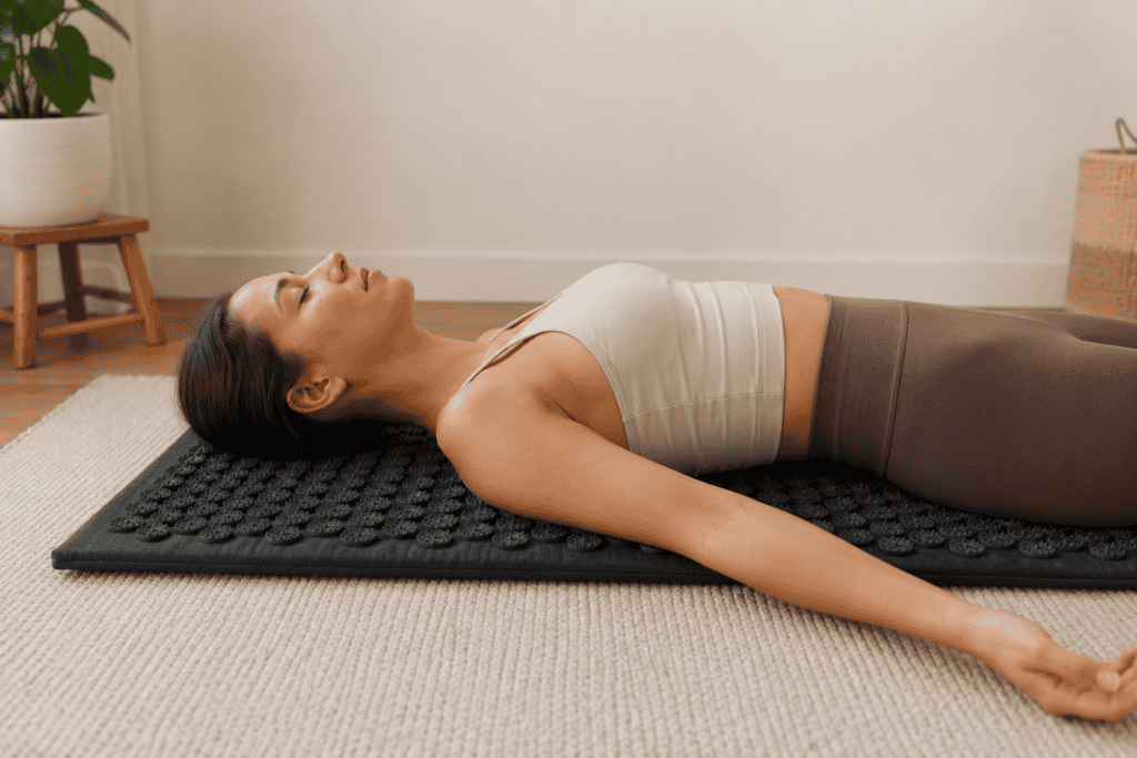 Woman resting with her eyes closed on a black acupressure mat in a calm, naturally lit home.