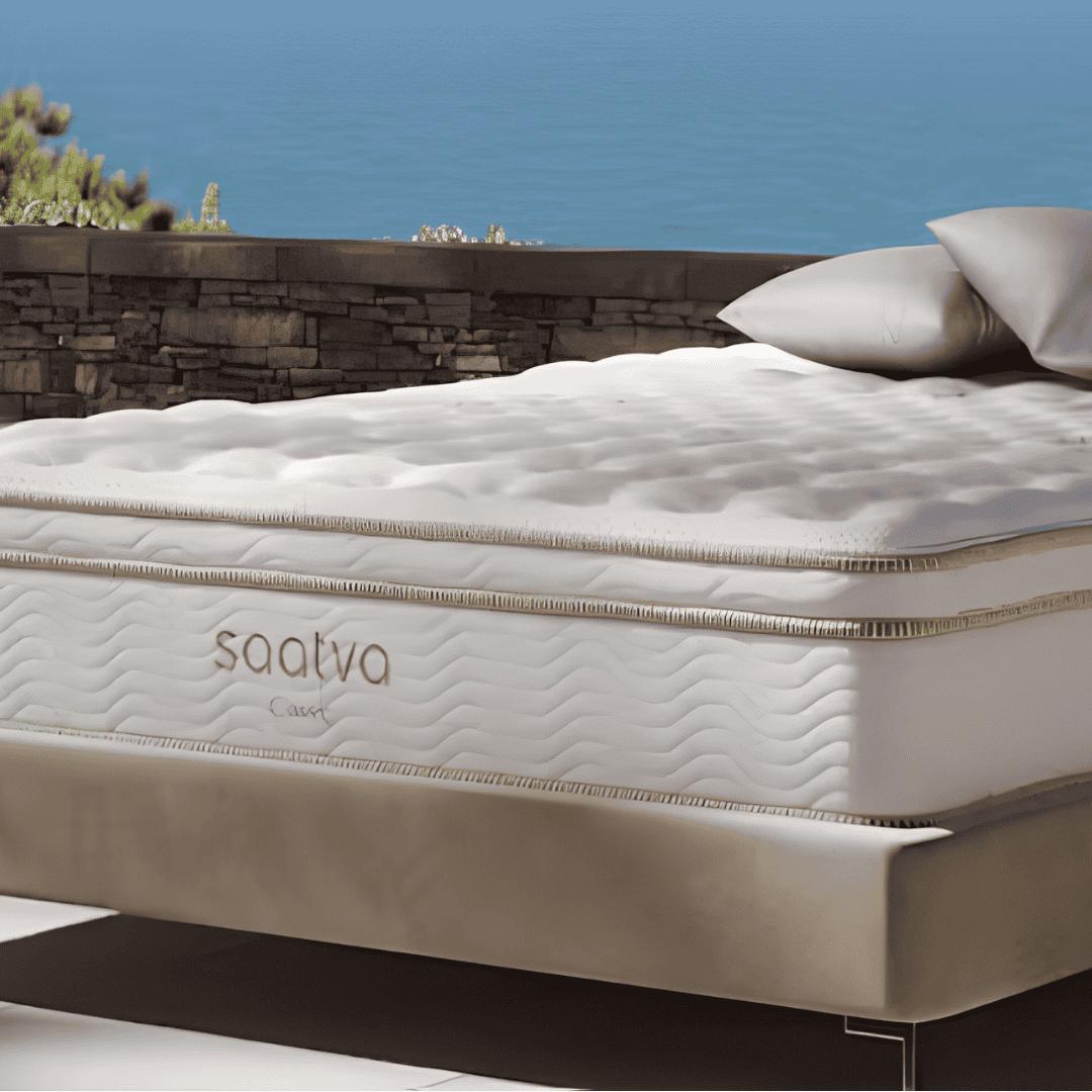 Saatva mattress on a platform bed overlooking a coastal landscape.